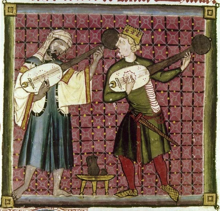 European and Islamic musicians in 13th century playing stringed instruments (Adam of the Road)