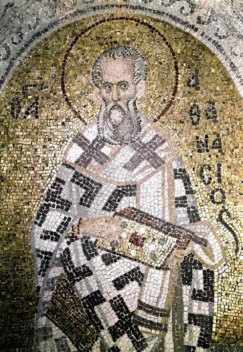 Fethiye Camii, parekklesion, diakonikon, mosaics, Istanbul, Turkey - South wall, St. Athanasius, detail of upper half (Athanasius, Jerome and others)