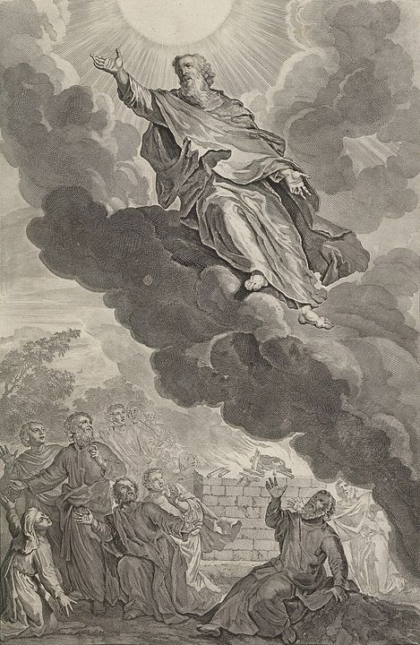Imagined depiction of Enoch taken up by God, engraving after Gerard Hoet (1728).