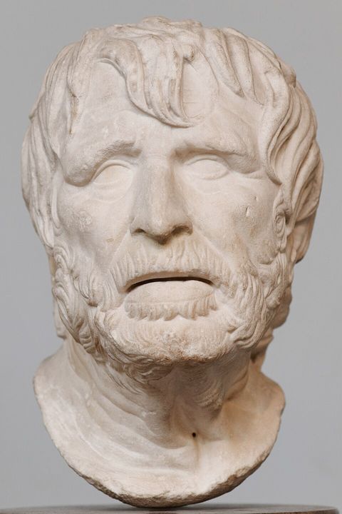Bust of an unknown Greek poet, long identified as Hesiod (the 'Pseudo-Seneca'), Roman copy, British Museum (Hesiod)