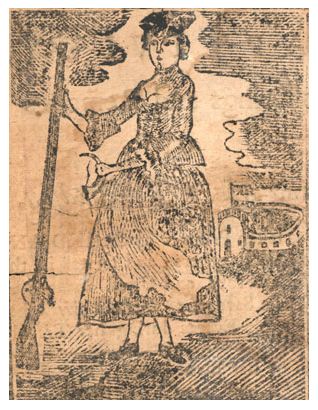 Mary Rowlandson defending her house, from the frontispiece of a 1770 edition of her narrative.
