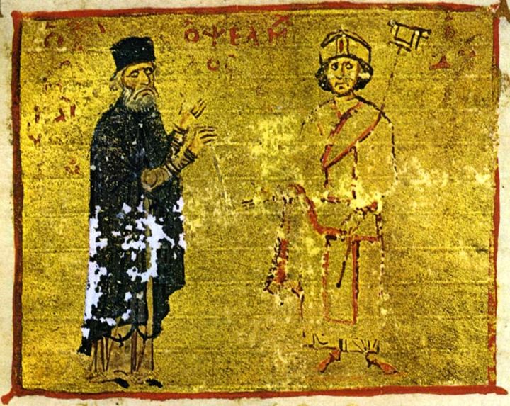 Michael Psellos (left) with Emperor Michael VII, from a 12th-13th-century manuscript.