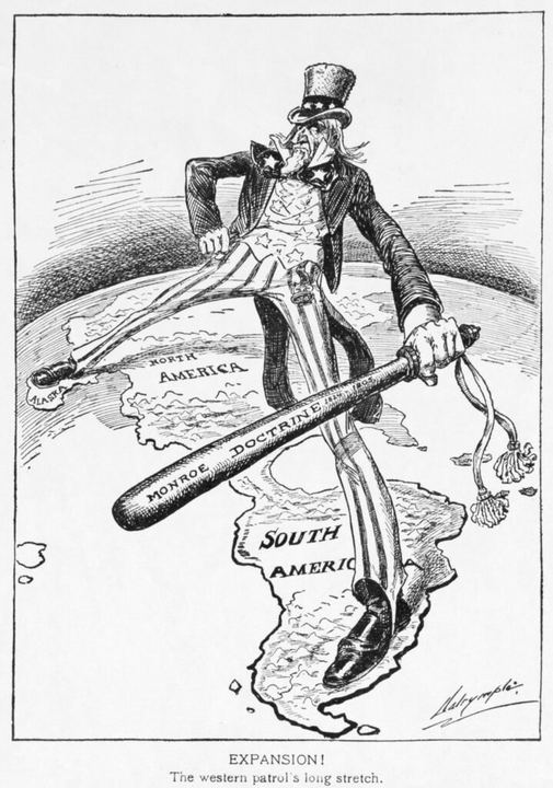 Uncle Sam Straddles the Americas Cartoon (The Monroe Doctrine)