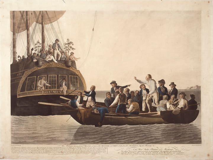 The Mutineers turning Lieut. Bligh and part of the Officers and Crew adrift from His Majesty's Ship the Bounty, 29 April 1789; print by Robert Dodd (1790).