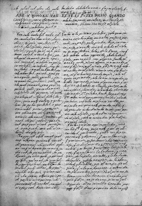 First page of the Popol Vuh in Francisco Ximénez's manuscript (Popol Vuh manuscript (Ximénez))
