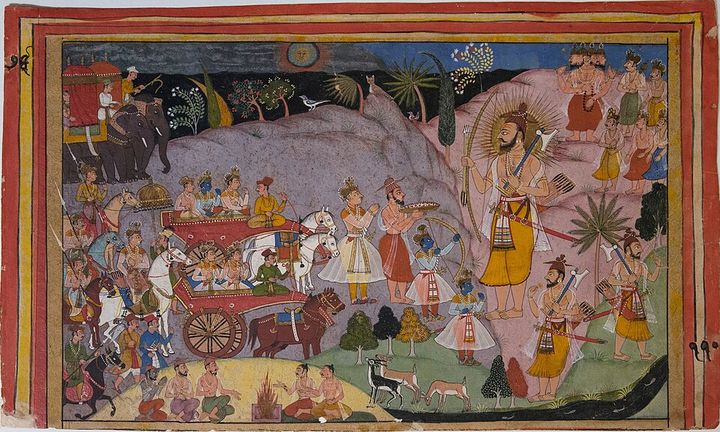 Meeting of Rama and Parashurama, from the Mewar Ramayana (Mewar Ramayana manuscript painting)