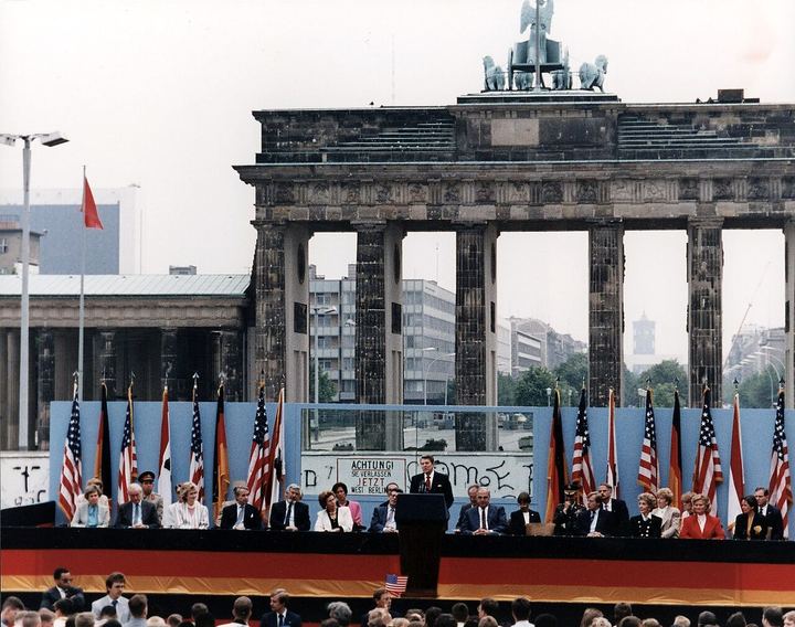 President Reagan giving a speech at the Berlin Wall, Brandenburg Gate, Federal Republic of Germany. June 12, 1987 (Tear Down This Wall (Brandenburg Gate Address))