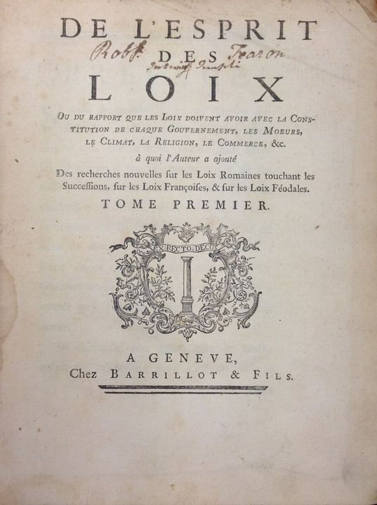 Montesquieu, De l'Esprit des loix (1st ed, 1748, vol 1, title page) (The Spirit of the Laws)