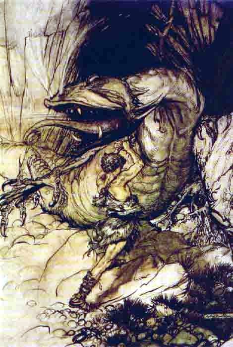 Sigurd kills Fafnir (Sigurd kills Fafnir, Arthur Rackham)