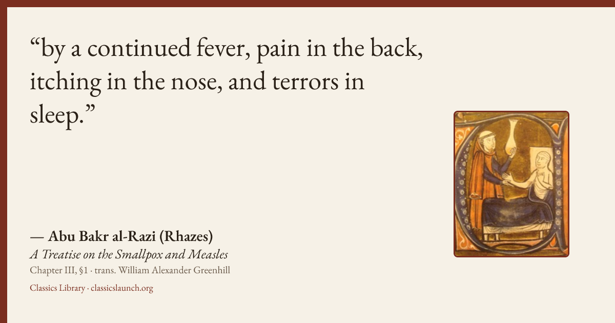 Quote card: by a continued fever, pain in the back, itching in the nose, and terrors in slee