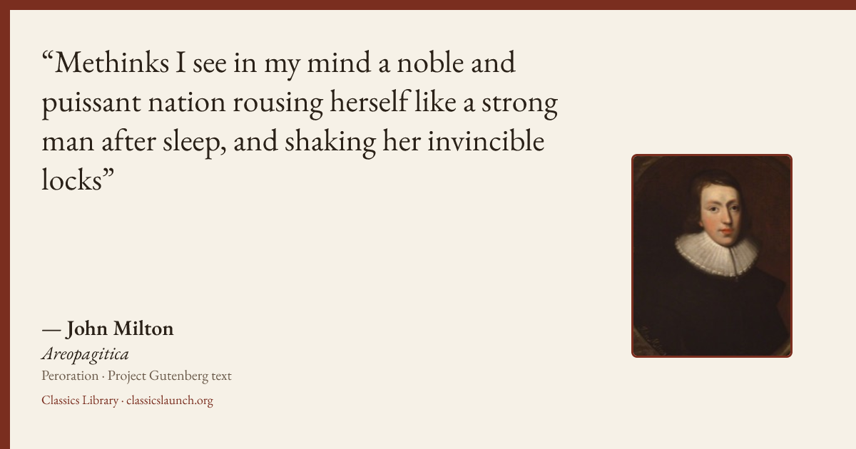 Quote card: Methinks I see in my mind a noble and puissant nation rousing herself like a str