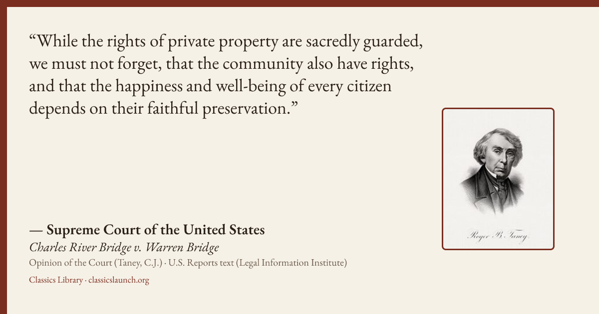 Quote card: While the rights of private property are sacredly guarded, we must not forget, t