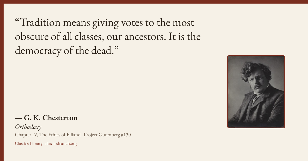 Quote card: Tradition means giving votes to the most obscure of all classes, our ancestors.