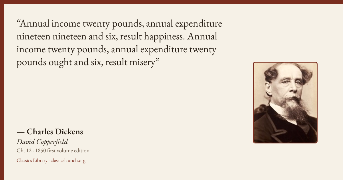 Quote card: Annual income twenty pounds, annual expenditure nineteen nineteen and six, resul
