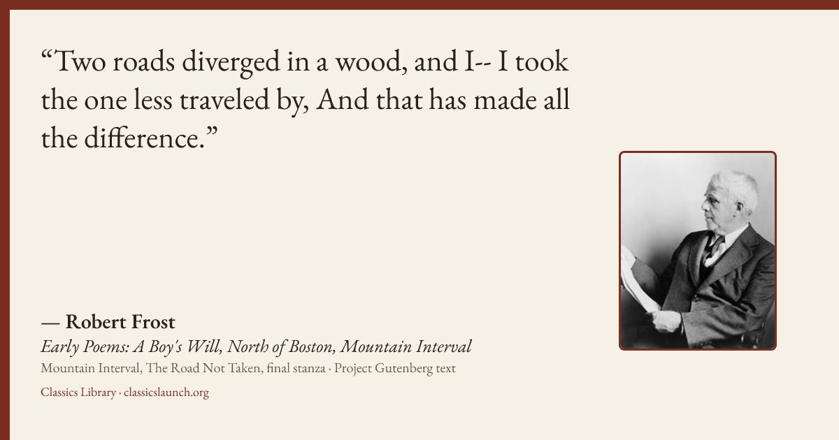 Quote card: Two roads diverged in a wood, and I-- I took the one less traveled by, And that