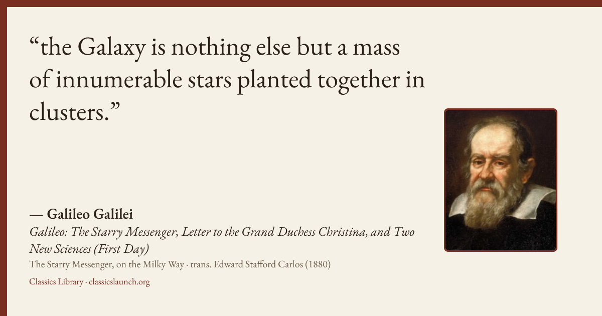 Quote card: the Galaxy is nothing else but a mass of innumerable stars planted together in c