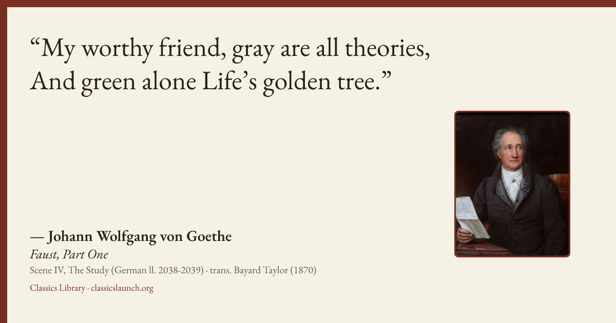Quote card: My worthy friend, gray are all theories, And green alone Life’s golden tree.
