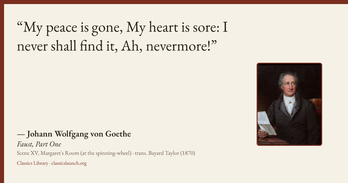 Quote card: My peace is gone, My heart is sore: I never shall find it, Ah, nevermore!