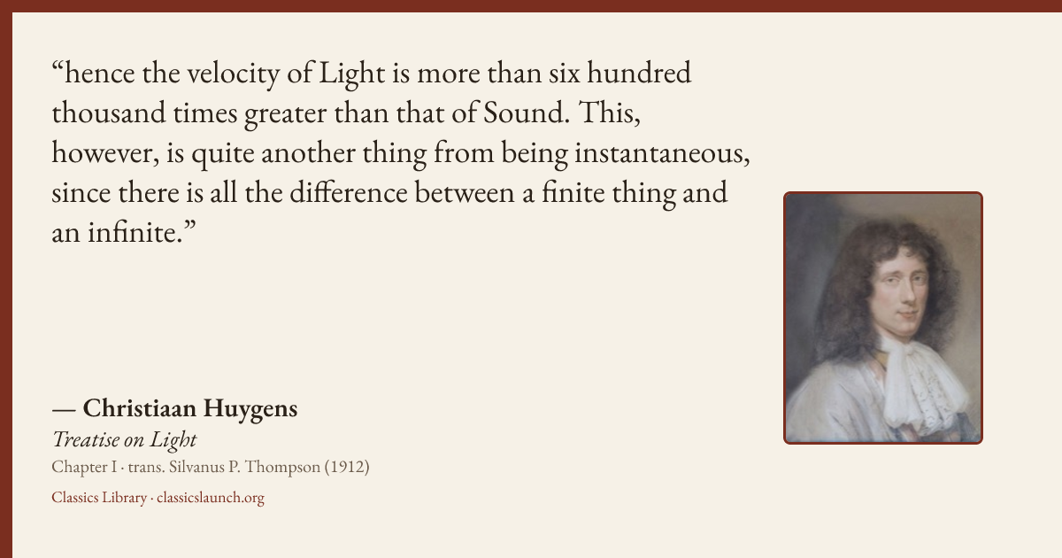 Quote card: hence the velocity of Light is more than six hundred thousand times greater than