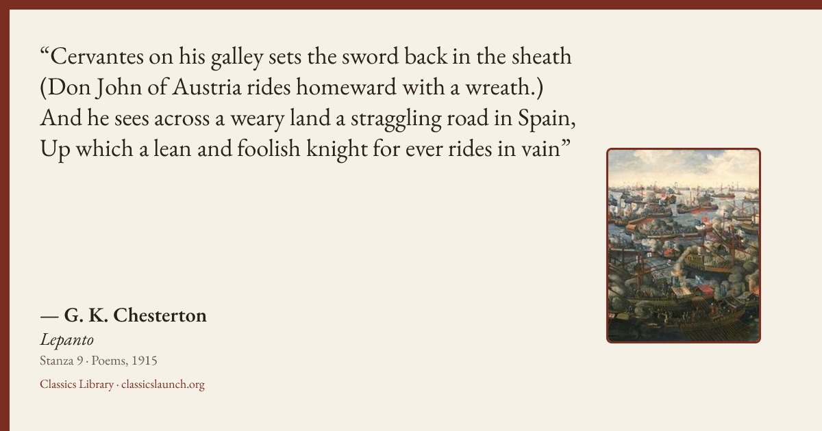 Quote card: Cervantes on his galley sets the sword back in the sheath (Don John of Austria r
