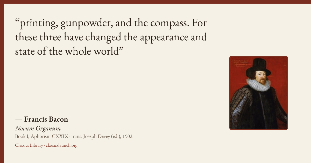 Quote card: printing, gunpowder, and the compass. For these three have changed the appearanc