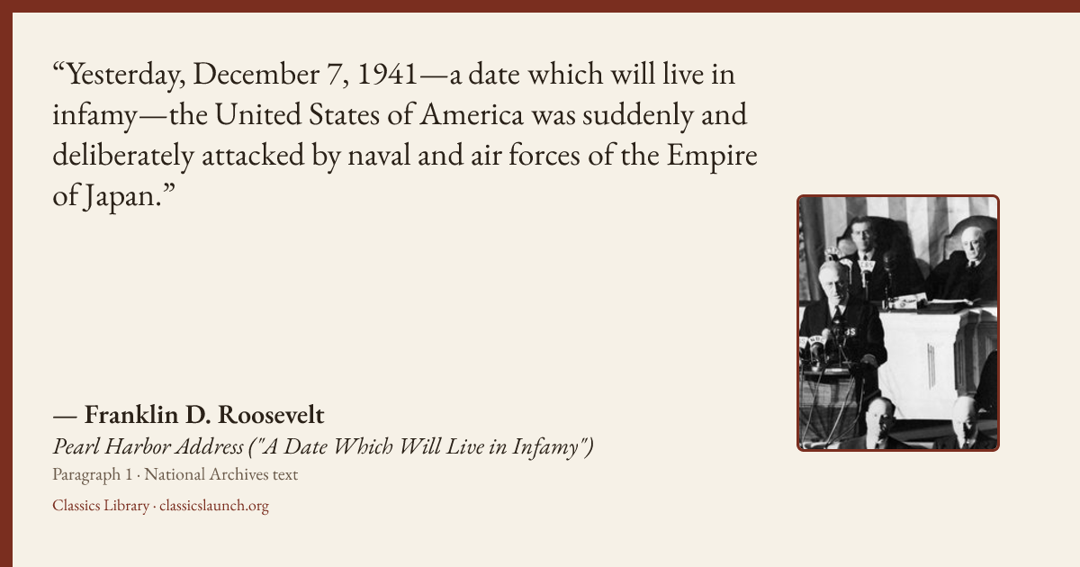 Quote card: Yesterday, December 7, 1941—a date which will live in infamy—the United States o