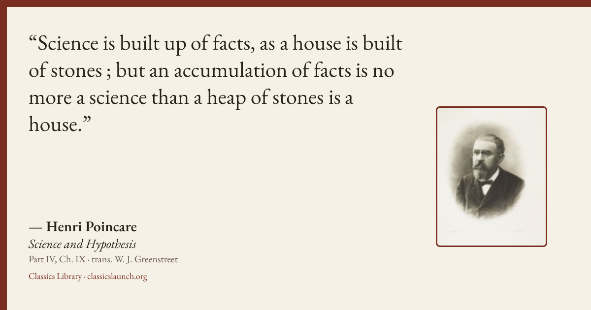 Quote card: Science is built up of facts, as a house is built of stones ; but an accumulatio