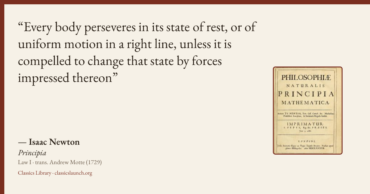 Quote card: Every body perseveres in its state of rest, or of uniform motion in a right line