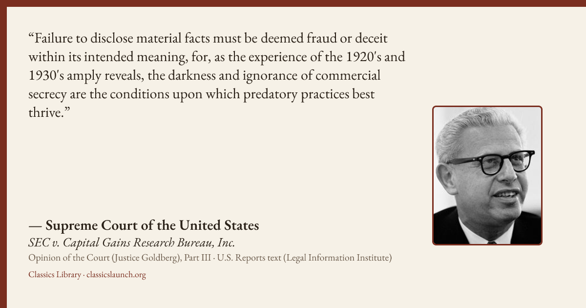 Quote card: Failure to disclose material facts must be deemed fraud or deceit within its int