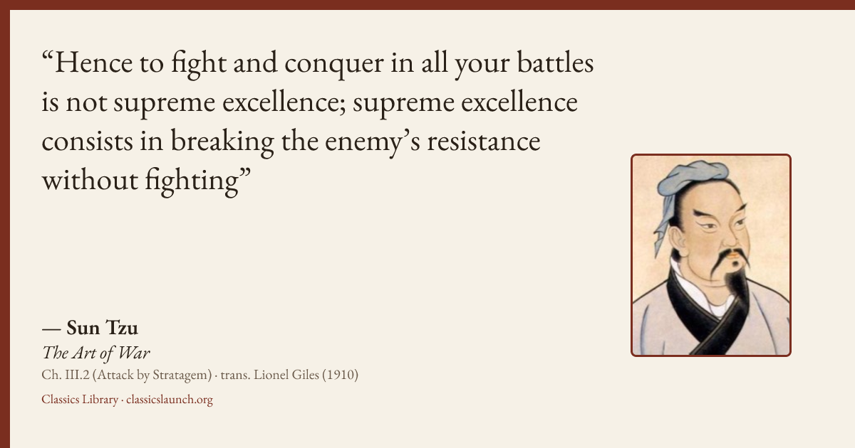 Quote card: Hence to fight and conquer in all your battles is not supreme excellence; suprem