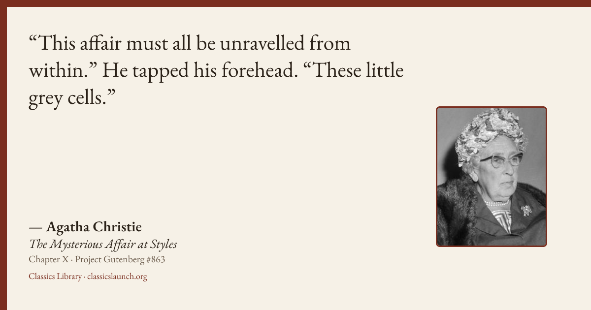 Quote card: This affair must all be unravelled from within.” He tapped his forehead. “These