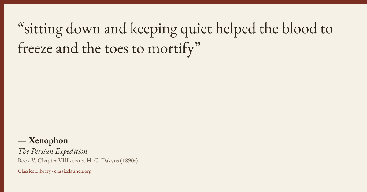 Quote card: sitting down and keeping quiet helped the blood to freeze and the toes to mortif