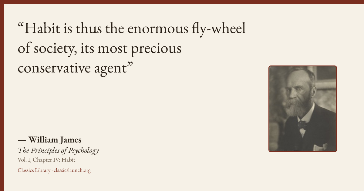 Quote card: Habit is thus the enormous fly-wheel of society, its most precious conservative