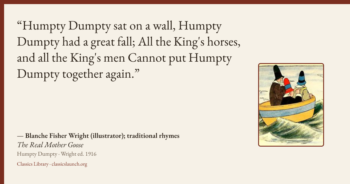 Quote card: Humpty Dumpty sat on a wall,
Humpty Dumpty had a great fall;
All the King's hors