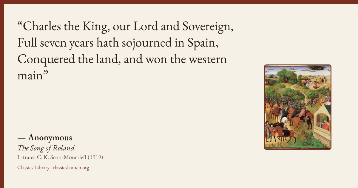 Quote card: Charles the King, our Lord and Sovereign, Full seven years hath sojourned in Spa