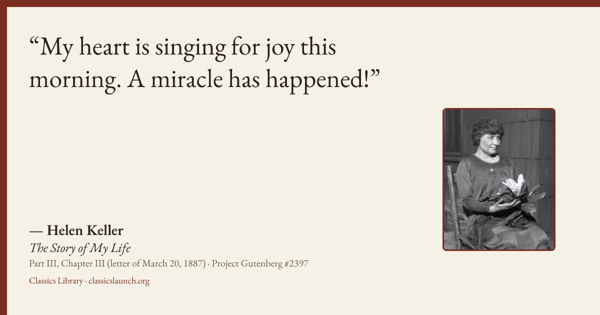Quote card: My heart is singing for joy this morning. A miracle has happened!