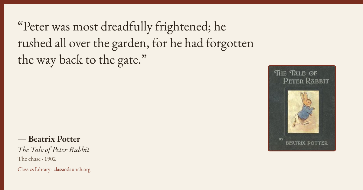 Quote card: Peter was most dreadfully frightened; he rushed all over the garden, for he had