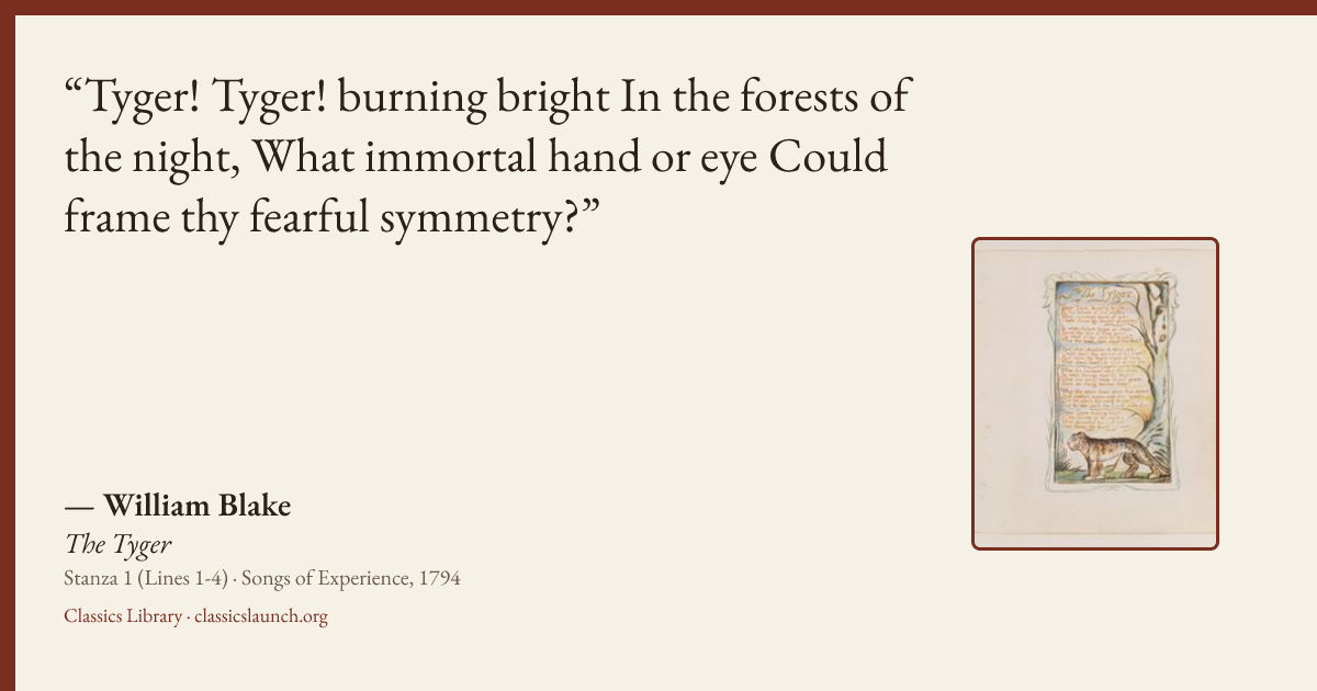Quote card: Tyger! Tyger! burning bright In the forests of the night, What immortal hand or