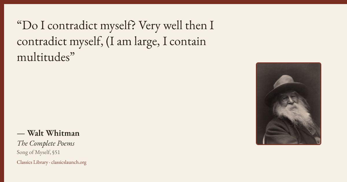 Quote card: Do I contradict myself? Very well then I contradict myself, (I am large, I conta